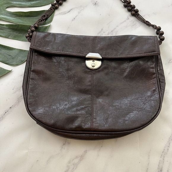 Lulu Townsend Vintage Y2k Shoulder Bag Purse Brown Leather Crochet Beaded Strap - Picture 3 of 7